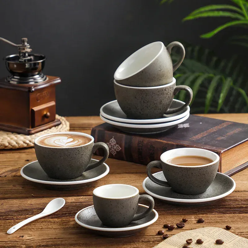 Ceramic Retro Granite Coffee Cup And Saucer Set Espresso Latte ...