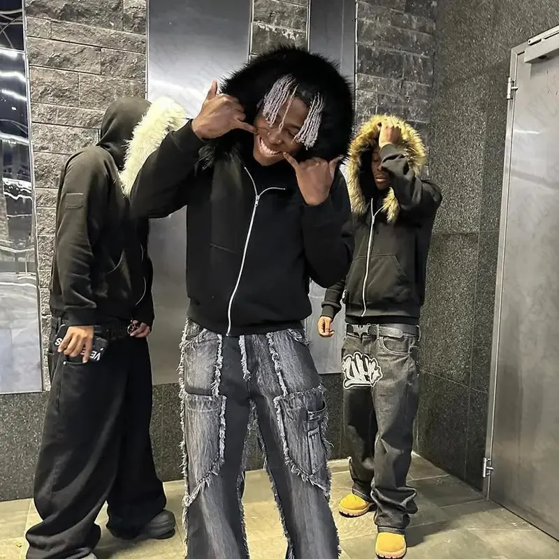 Harajuku Hip Hop Y2K Zipper Fur Hoodie Mens With Faux Fur Harajuku Hip Hop Y2K Zipper Fur Hoodie Mens With Faux Fur