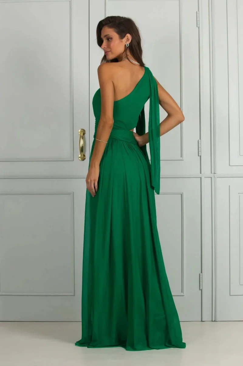 Green Ribbon one shoulder Evening one shoulder maxi dress - Elegant and Sleeveless Ball one shoulder maxi dress for Women's Party
