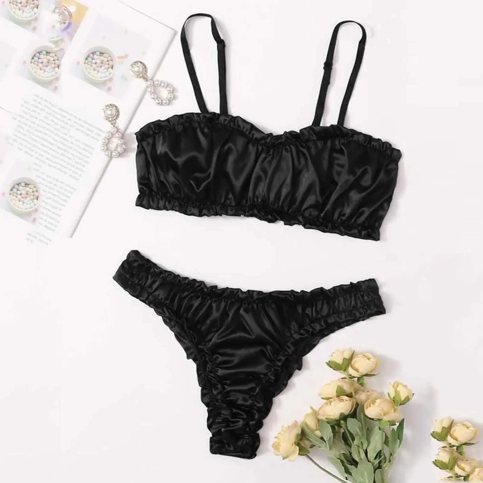 Women Satin Bra and Panties Set Vintage Ruched Solid Color Acrylic Knit ...