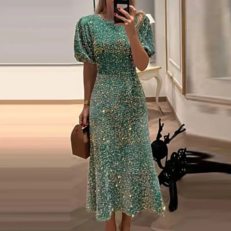puff sleeve glitter dress Sexy One Shoulder Puff Sleeve Sequin Dress main image 1