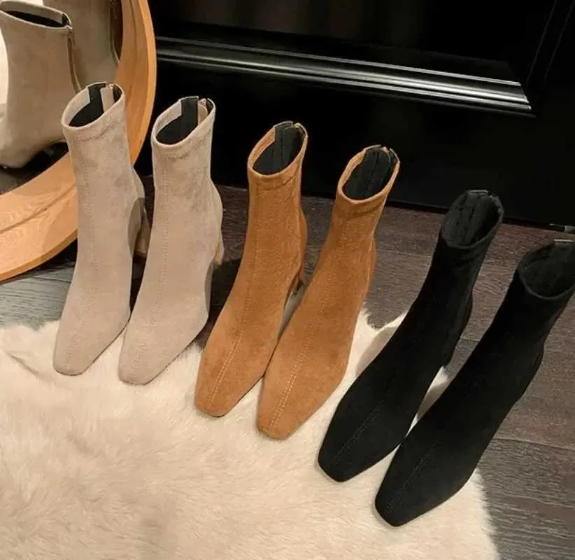 Square Toe High Heels: Stylish Short Tube Suede Sock Heel Boots