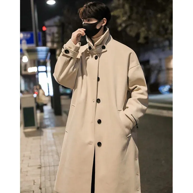 Mens Wool Trench Coat Standing Collar, Side Button, Thick Winter