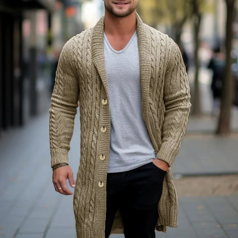 Mens Knitted Blazer Cardigan, Jacquard Long Sleeve Wool Blend Coat