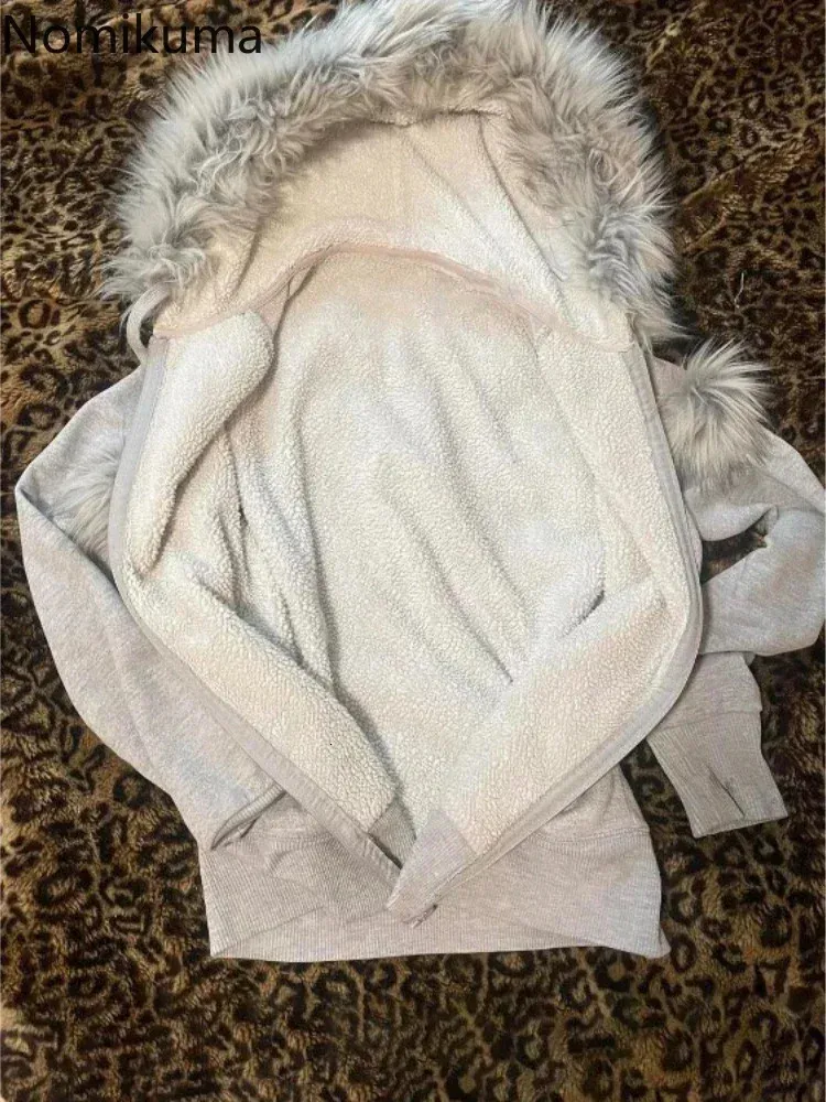 Harajuku Style Fur Fur Lined Hoodie With Zipper Retro