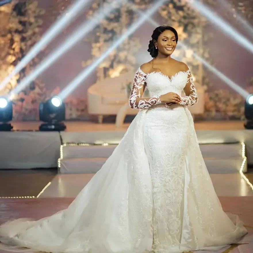 Prom Dress With Ball Gown Detachable Skirt Lace Mermaid Bridal Dress: Glittering Off The Shoulder Bridal Prom Dress With Ball Gown Detachable Skirt Lace Mermaid Bridal Dress: Glittering Off The Shoulder Bridal