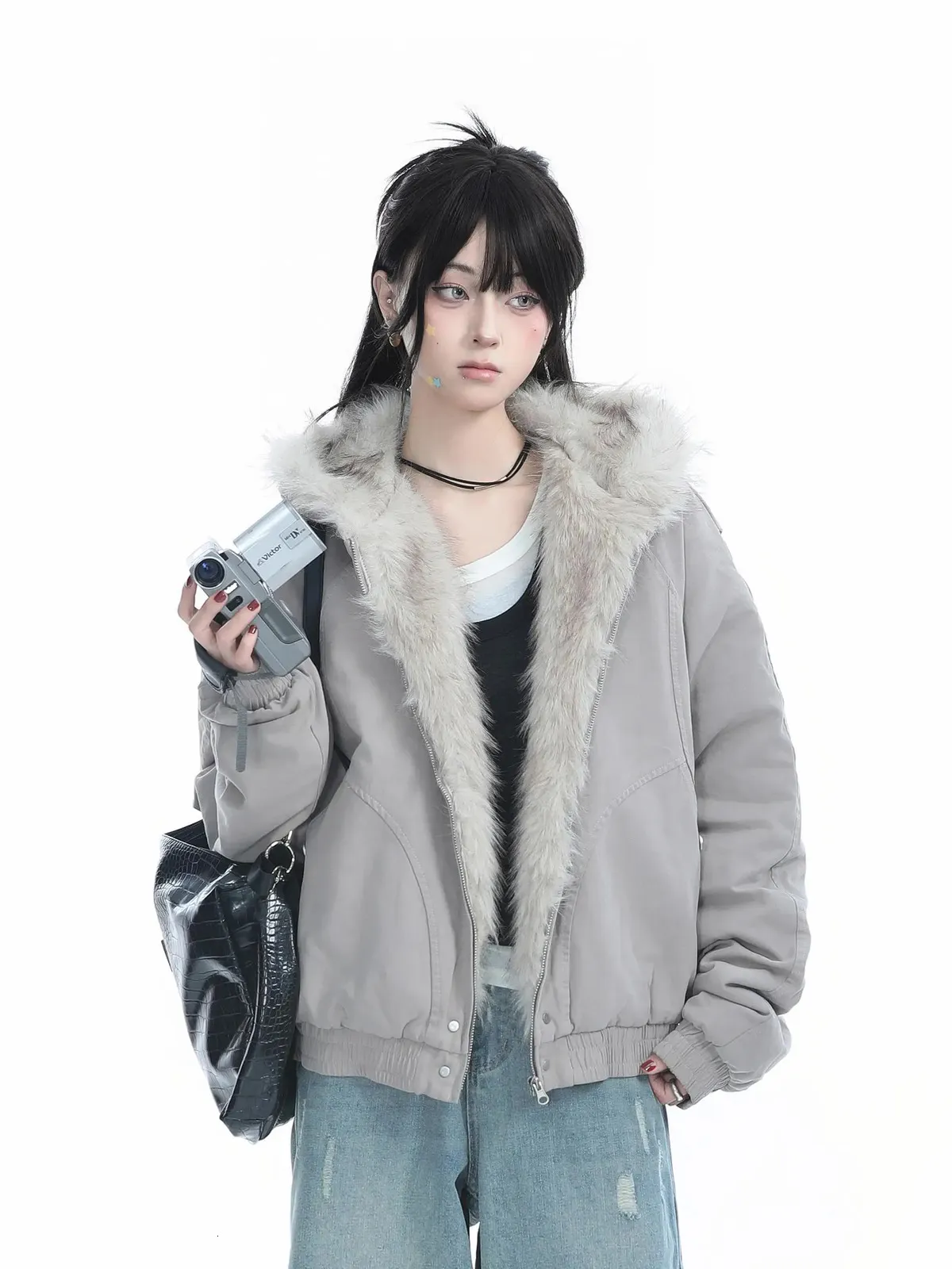 Y2K Fur Hoodie Jacket Womens Retro Harajuku Plush Hooded