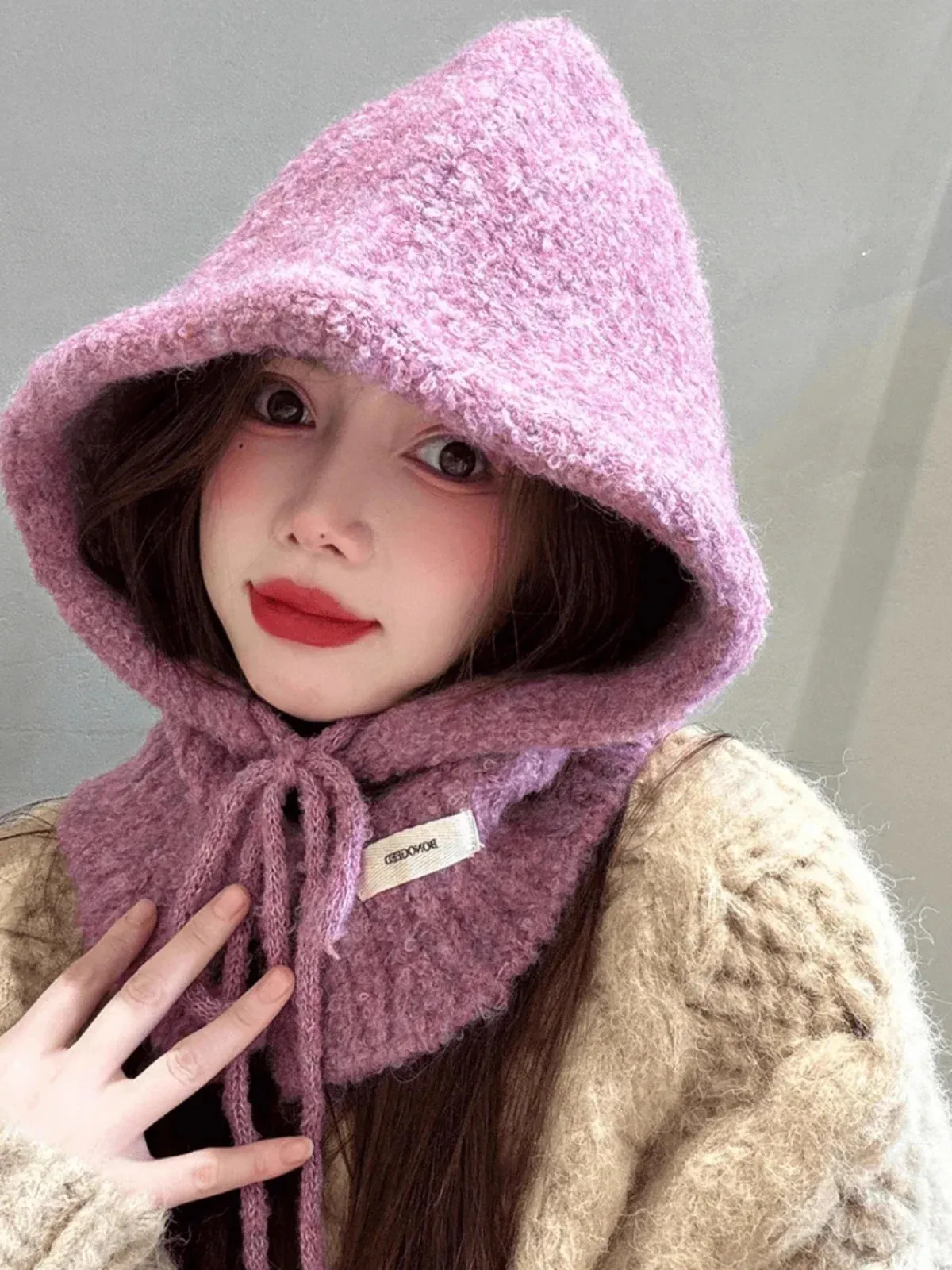 Wool Blend Balaclava Hooded Scarf Beanie Knit Hat Versatile Winter Wear Yirtree Winter Fleece Hood Ski Mask Knit Hat Face Mask with  main image 2