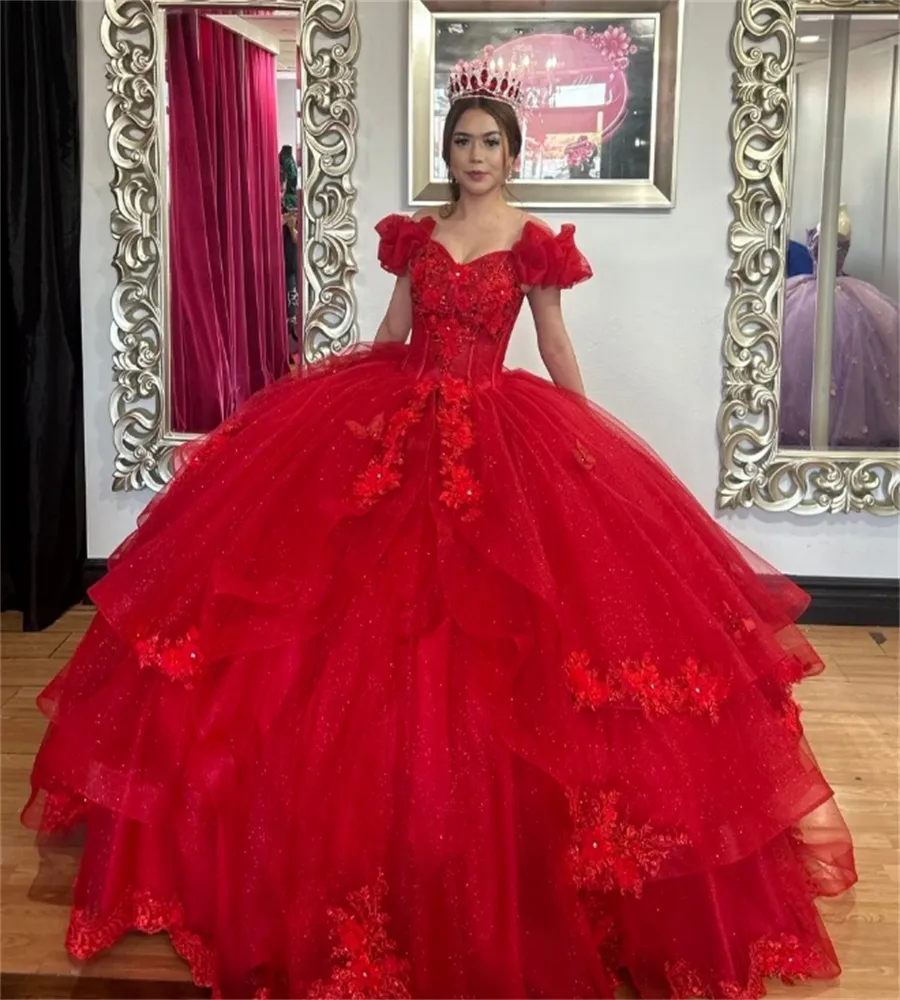 Red Illusion Long Sleeve Lace Appliques Bodice Floor Length Satin Quinceanera Dresses main image 1