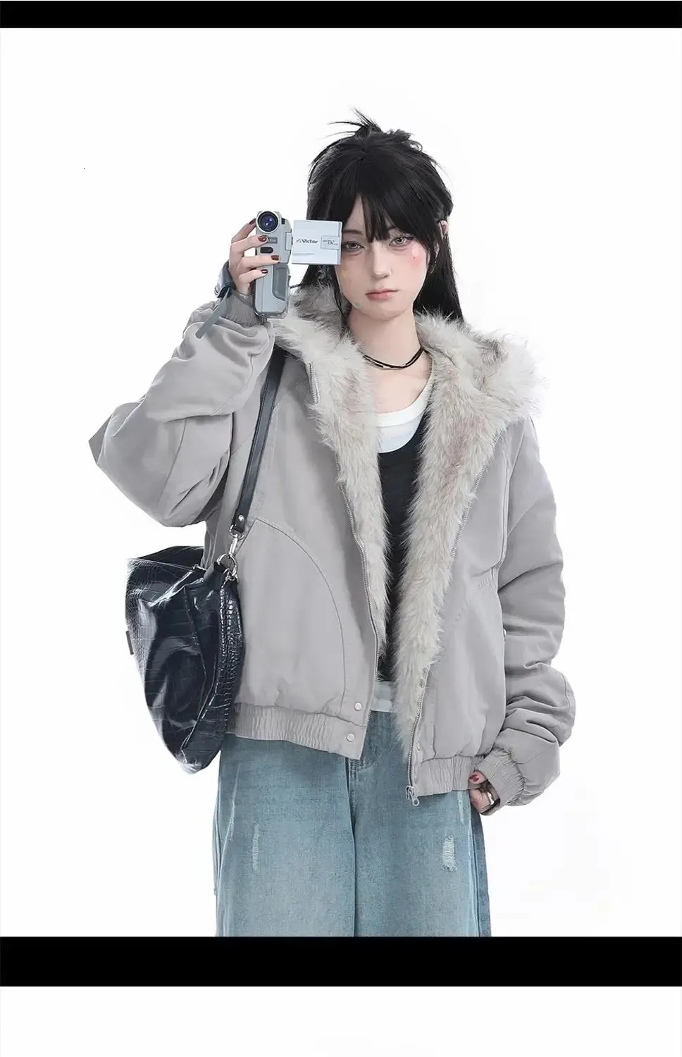 Y2K Fur Hoodie Jacket Womens Retro Harajuku Plush Hooded