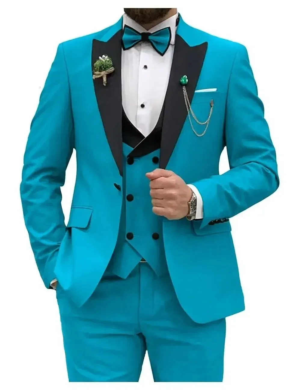 Mens 2 button Slim Fit Suit with Double Breasted Vest in Powder Blue main image 0