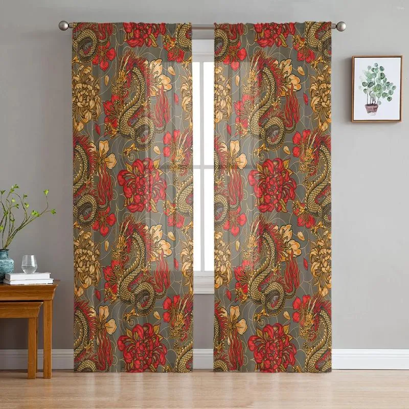 Chinese Dragon Texture Sheer Boho Blackout Curtains For Bedroom, Living ...