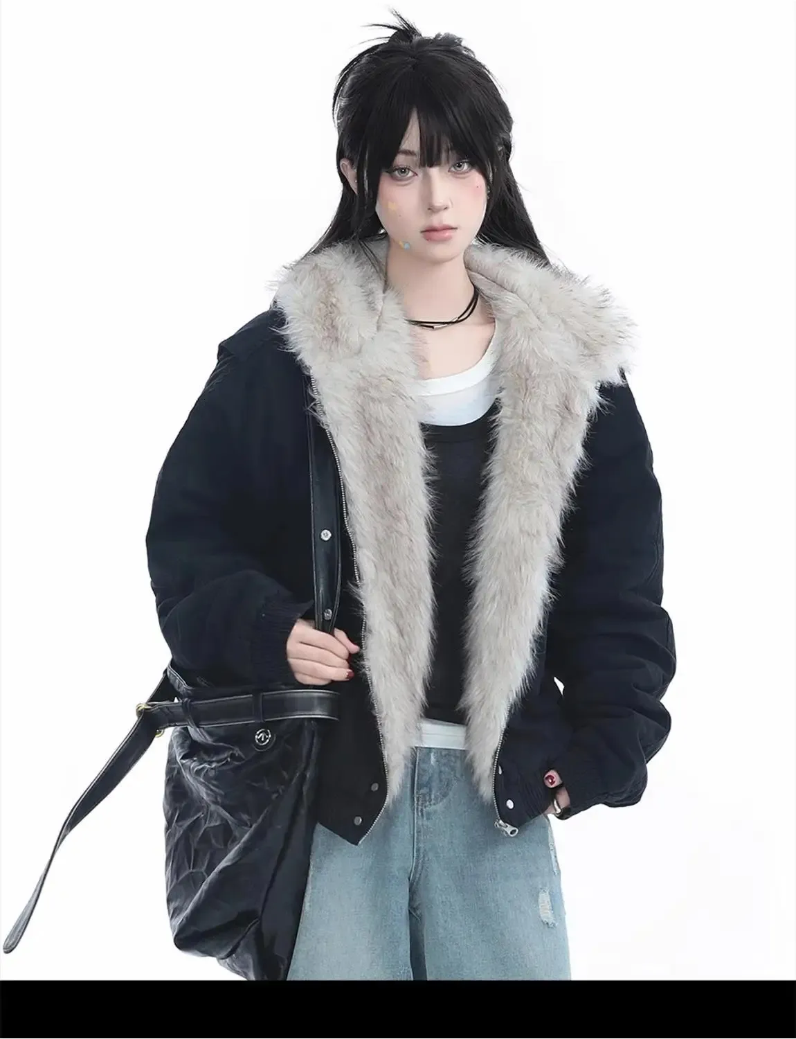 Y2K Fur Hoodie Jacket Womens Retro Harajuku Plush Hooded