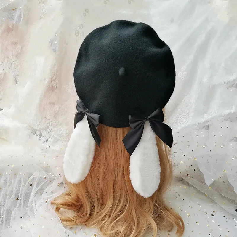 Lolita Beret Hat with Removable Bunny Ears - Soft Wool, Cute Kawaii Winter Hat TTYAO REII Cute Rabbit Ears Beret Sweet Pink Wool Beret Hat  main image 4