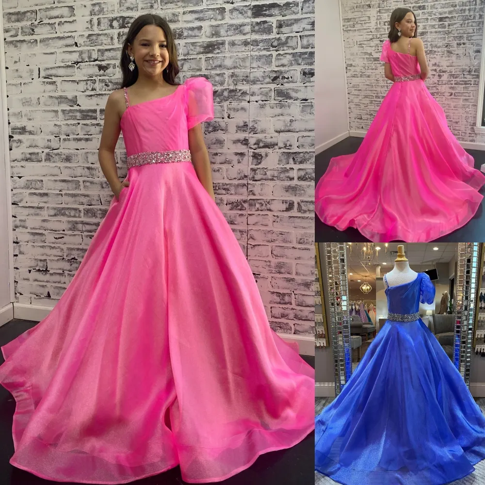 little preteens hot Pink Organza fuchsia pageant dress for Little Girls with Beaded Detailing, Puff Sleeves, and Periwinkle - Perfect for Princess Birthday, Formal Party, Toddler, Preteens, Junior, Miss Flower-Girl Events.