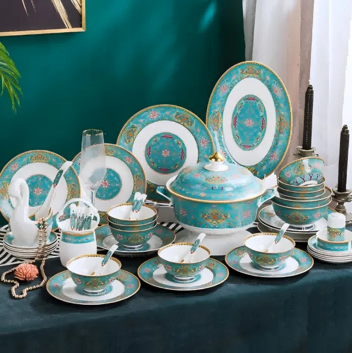 60-Piece Bone China Dinnerware Set with Enamel Painted Gold Inlay