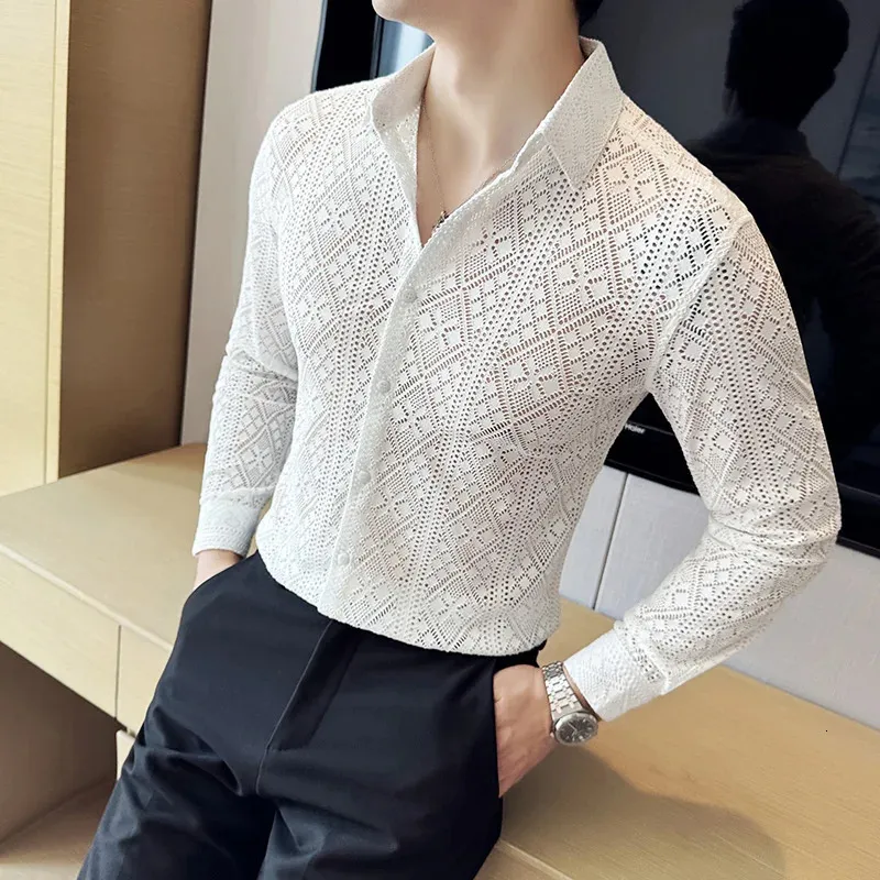 Men's Korean Fashion Acetate Lace Social Shirt Dress Slim Fit Long Sleeve  Full Opening for School