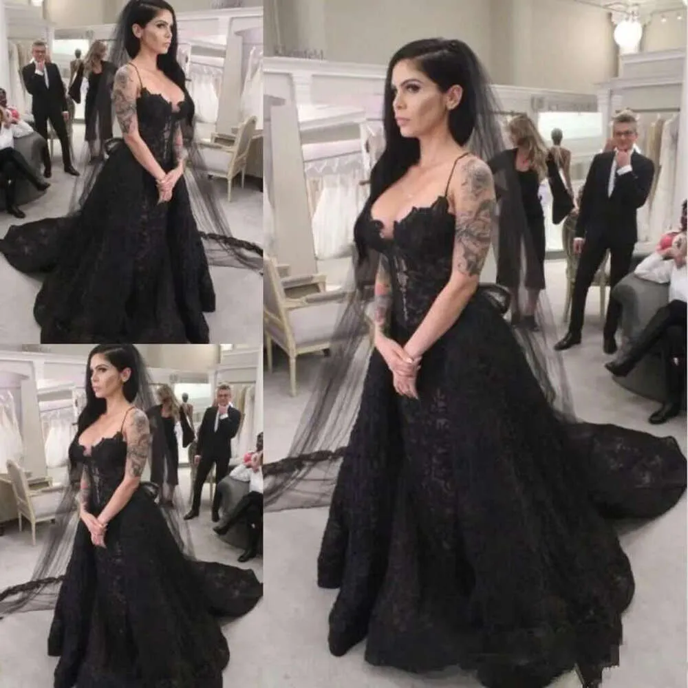 Full Black Gothic Wedding Dress, Spaghetti Strap A Line Gown With Lace ...