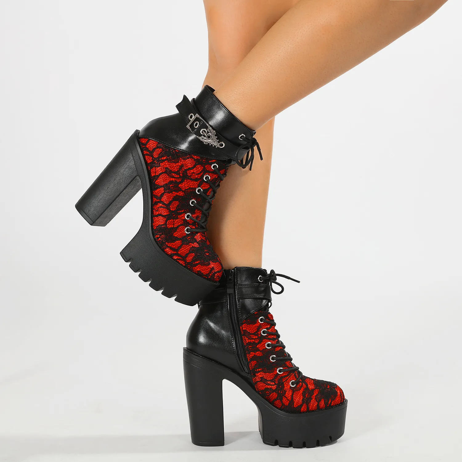 Womens Sexy Red Lace Up Platform High Heels Vintage Inspired