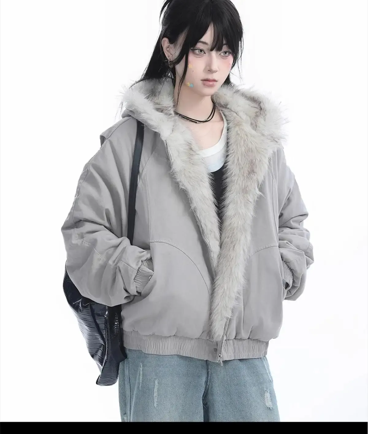 Y2K Fur Hoodie Jacket Womens Retro Harajuku Plush Hooded