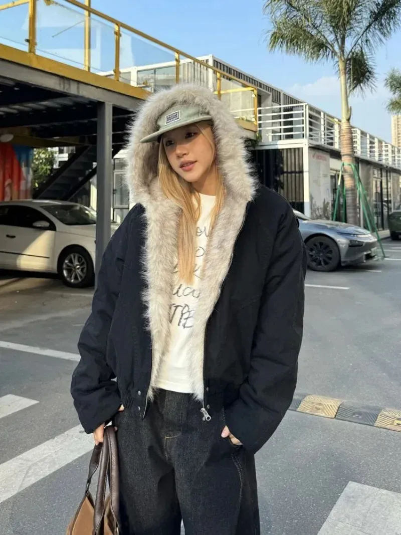 Retro Fur Collar Hooded Zipper Jacket - Streetwear, Harajuku