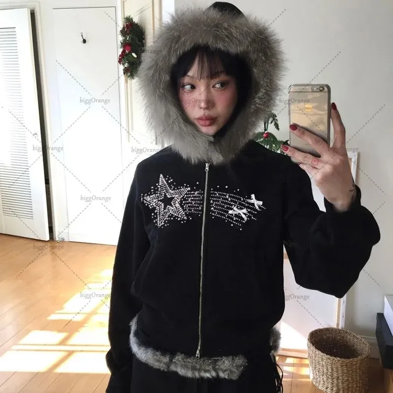 パーカー・フーディ Luxury Street Wear vintage fur hoodie emo unisexual Women Men Y2K Zip Up Hoodie Goth Letter Print Fleece Hooded