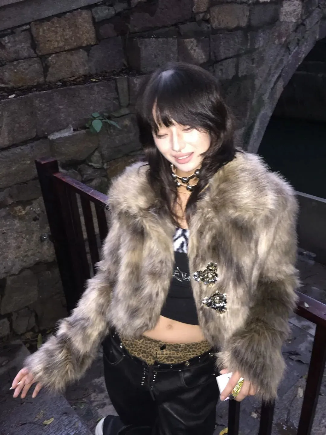 Y2k Style Faux Fur Coat, Retro Harajuku Jacket With Metal