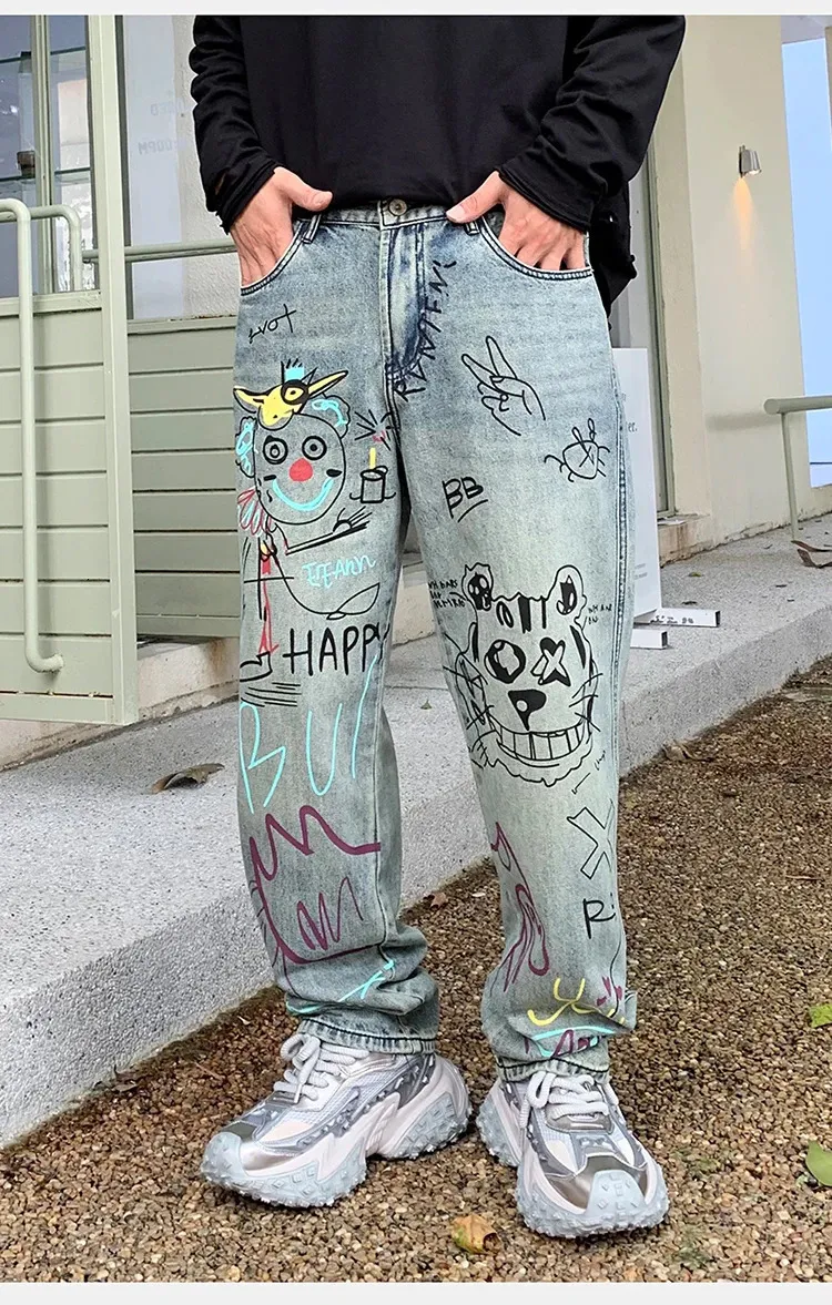 Graffiti Jeans Mens High Street Vibe Trendy Loose Straight Leg