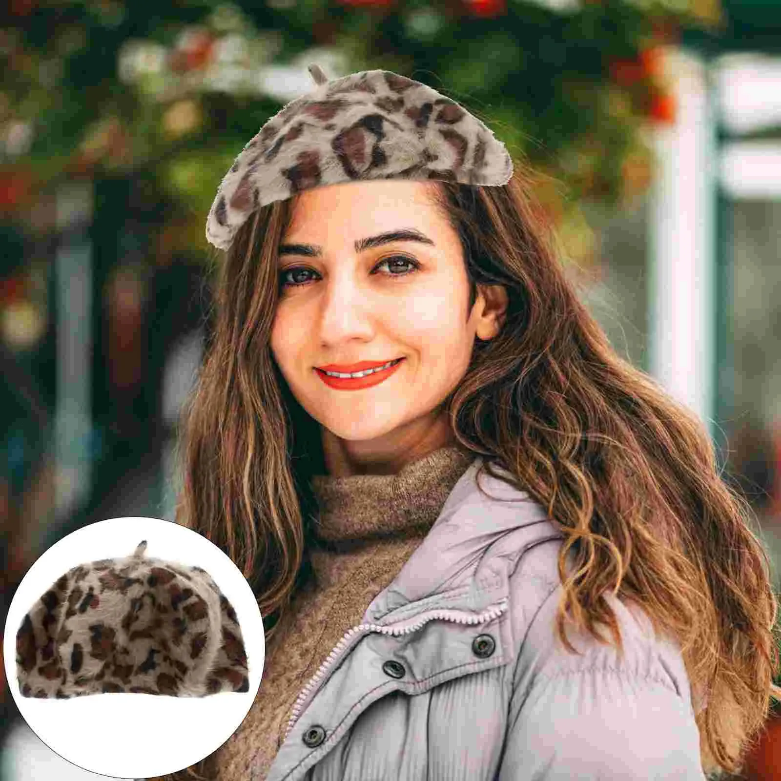 4783 Womens Rabbit Fur French Beret Hat Leopard Print szzoqdz Women French Style Vintage Leopard Print Wool Soft  main image 3
