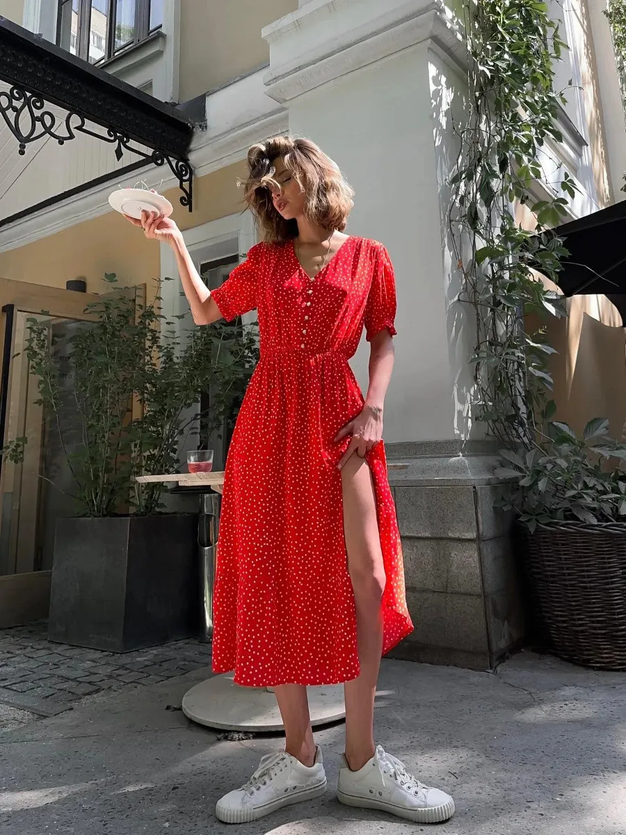red polka dot chiffon dress Red Chiffon Maxi Dress with Polka Dot and Boat Neckline