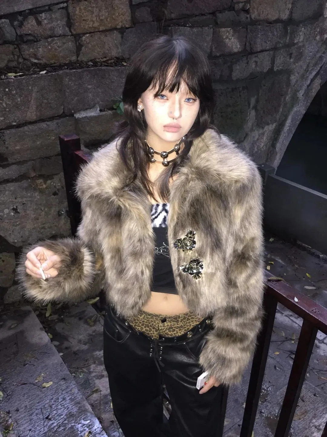 ジャケット・アウター archive grunge fur fake mouton coat y2k Japanese Y2k Fur Hooded Coat Grunge Aesthetics Tattoo Print