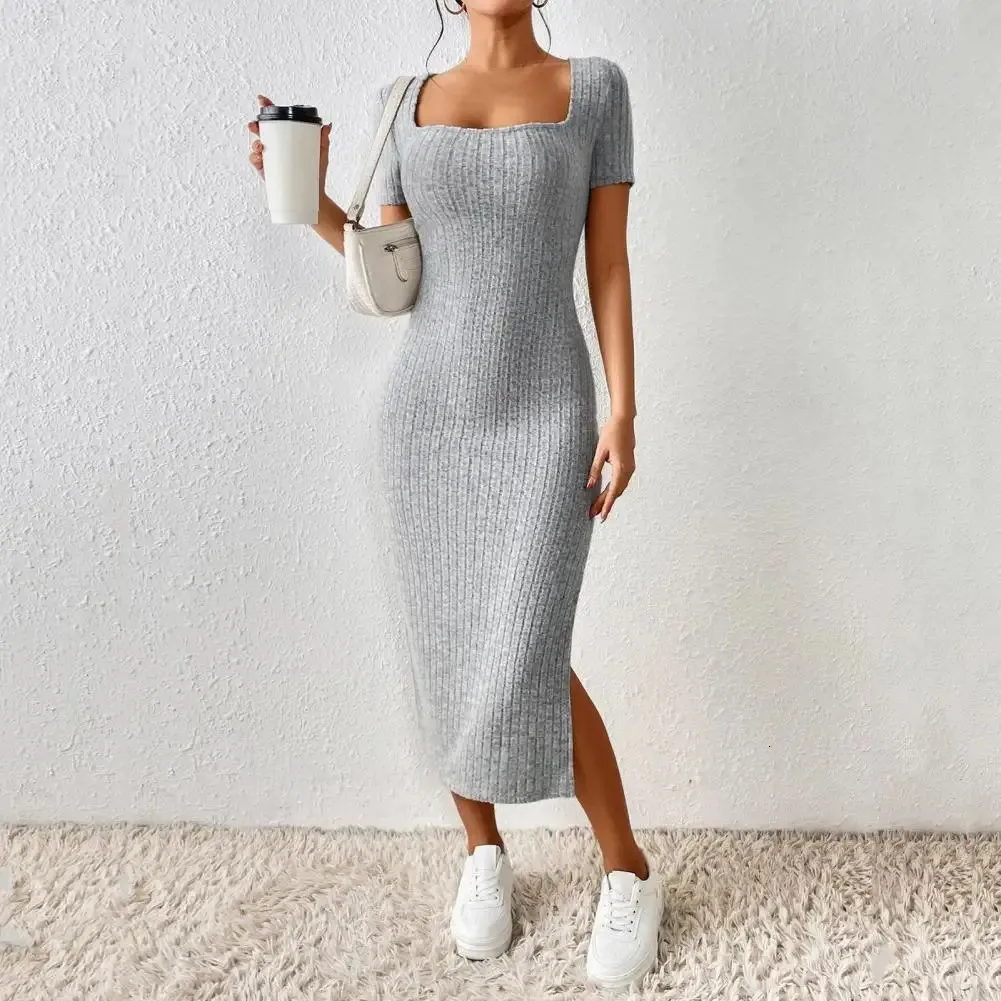 Stylish Summer Midi Dress for Women - Knitted Elastic, Square Neckline, split second 1992 Hem, Solid Color, Medium Length, Long Sleeved (Style #241212 Stylish Summer Midi Dress for Women - Knitted Elastic, Square Neckline, split second 1992 Hem, Solid Color, Medium Length, Long Sleeved (Style #241212
