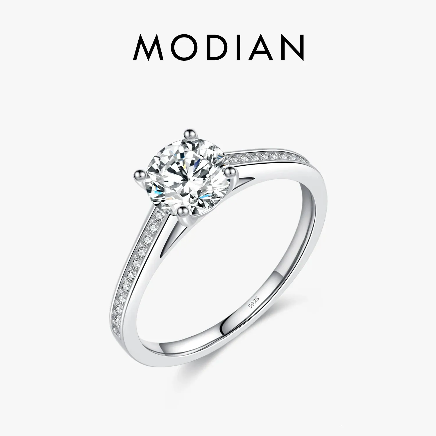 MODIAN 1CT Lab Diamond Ring: 925 Sterling Silver Engagement Ring