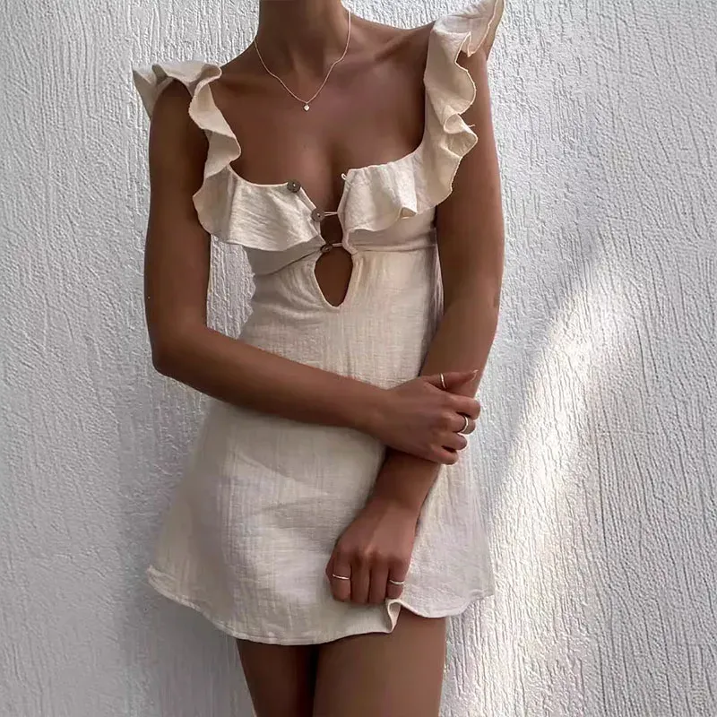 Summer Sleeveless Hollow Out Button Ruffles Short White Mini Dress 