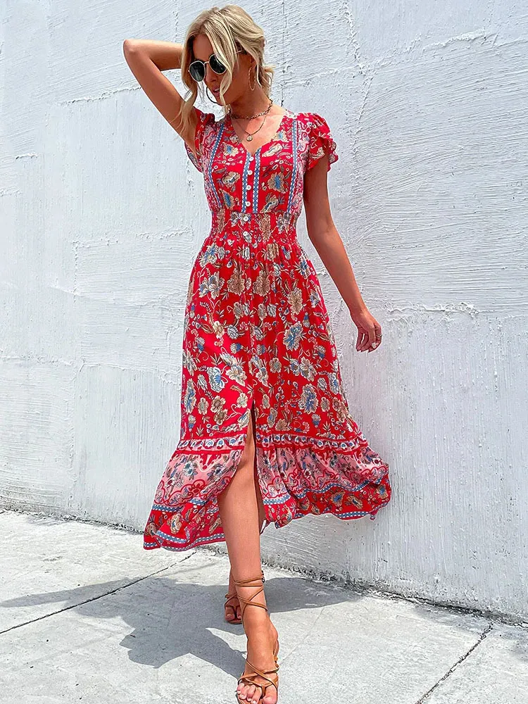knee length dresses for ladies Floral Short Sleeve Midi Dress