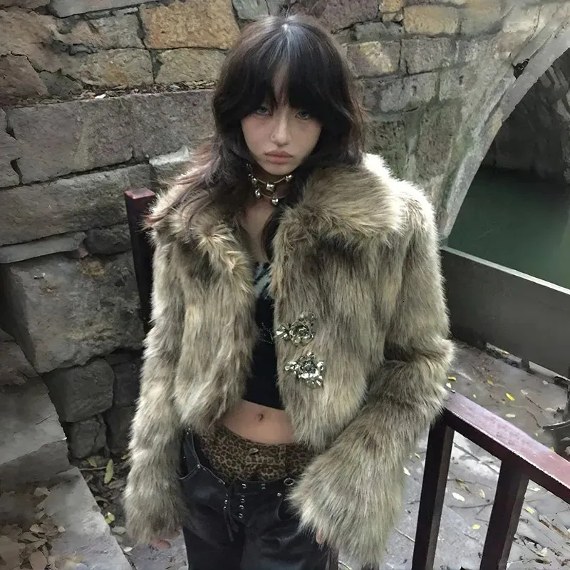 Y2k Style Faux Fur Coat, Retro Harajuku Jacket With Metal Flower