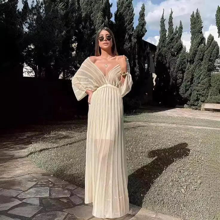 White Hollow V-Neck Shawl Sleeve Wrap Dress for Women
