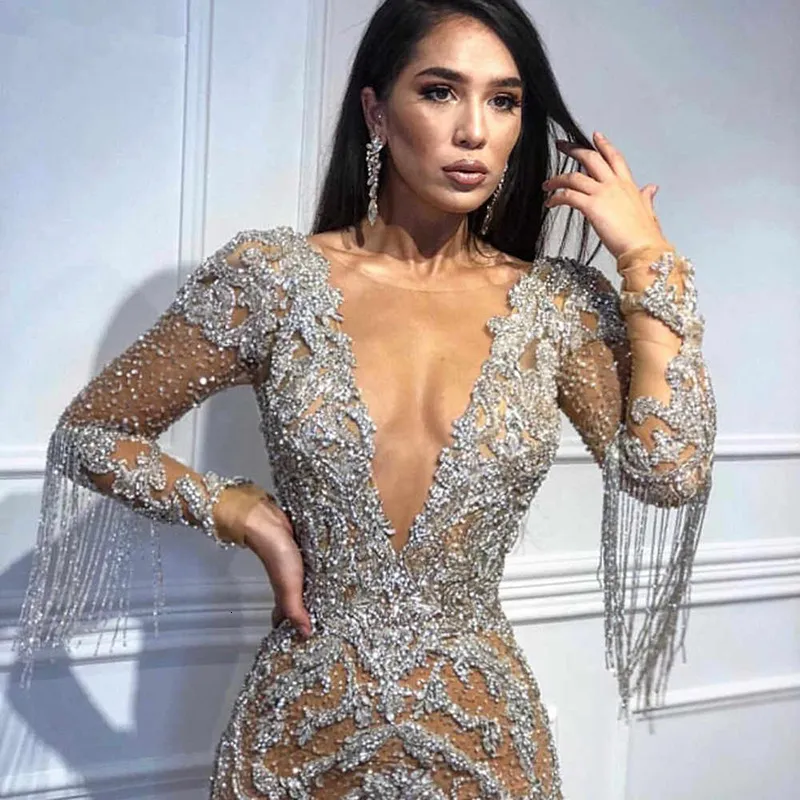 Dubai Special Design Cocktail Dresses Mermaid Long Sleeves Deep V Neck Illusion Sexy Robe de Soiree 2019 Evening Party Gowns with Tassels