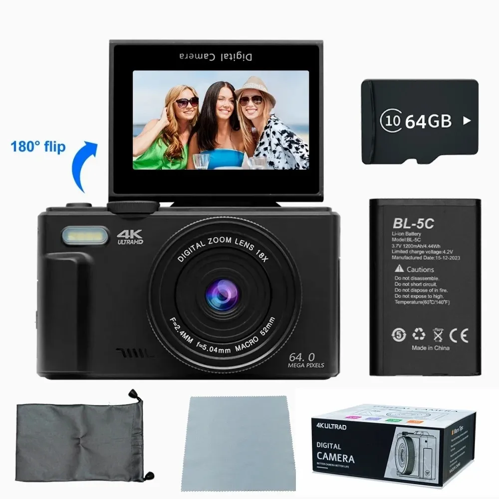 4K digital camera for pography and 18X digital zoom camera 64MP compact video recording camera 3-inch 180 ° flip screen with flash 241213