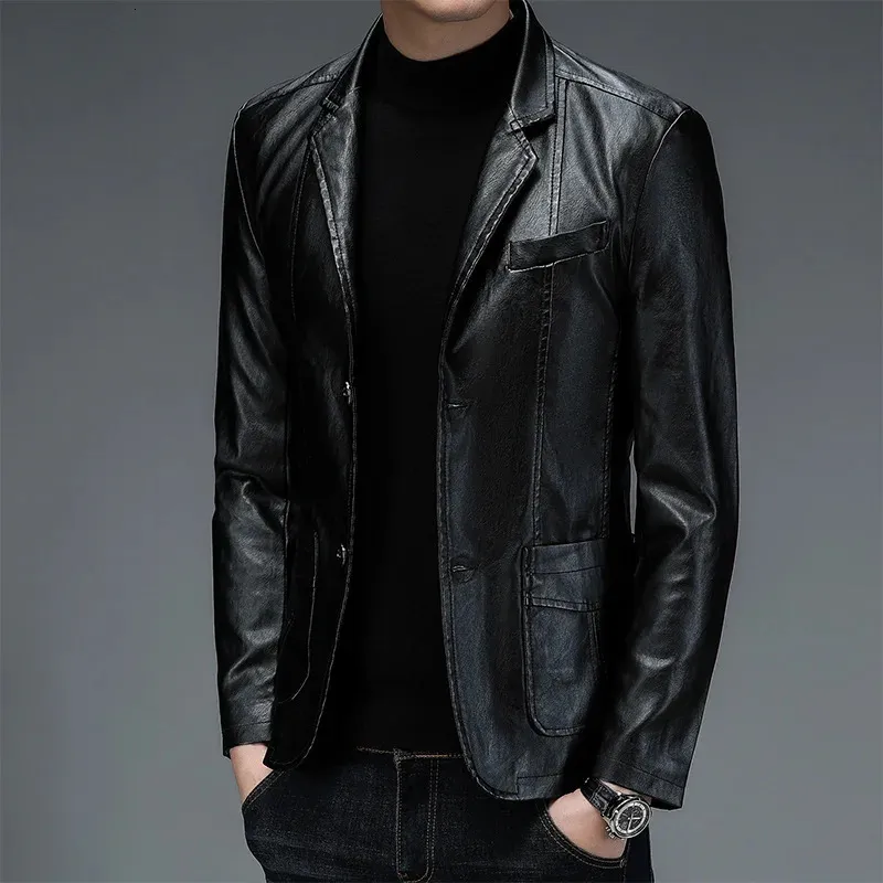 Korean Style Jacket Mens Slim Fit Faux Leather Blazer, Fashionable