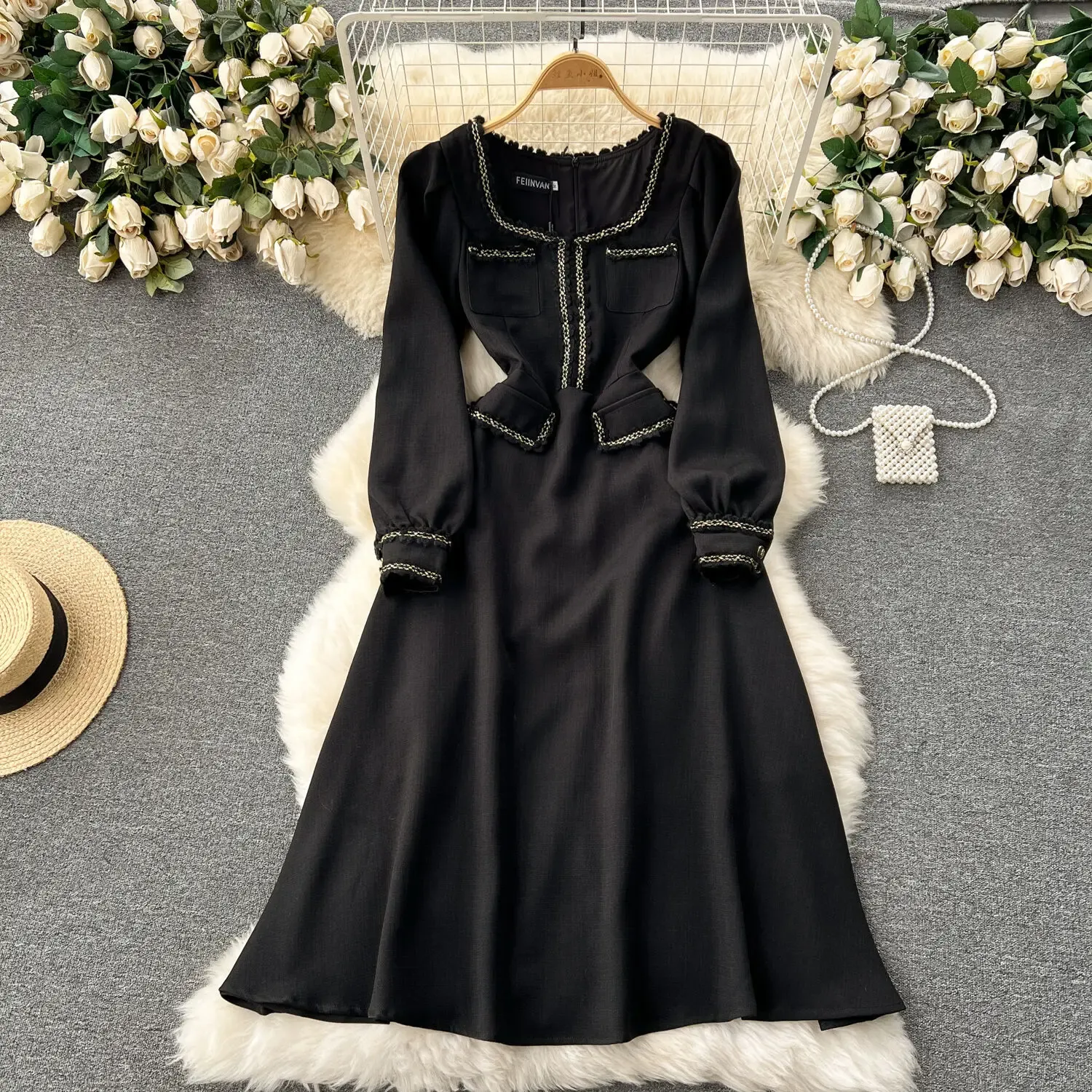 navy blue dress for baby girl Elegant And Pretty Women Dresses Autumn Winter New Black Sexy Short Dress  Female V Neck Long Sleeve Slim Solid Color Mini Dress main image 1