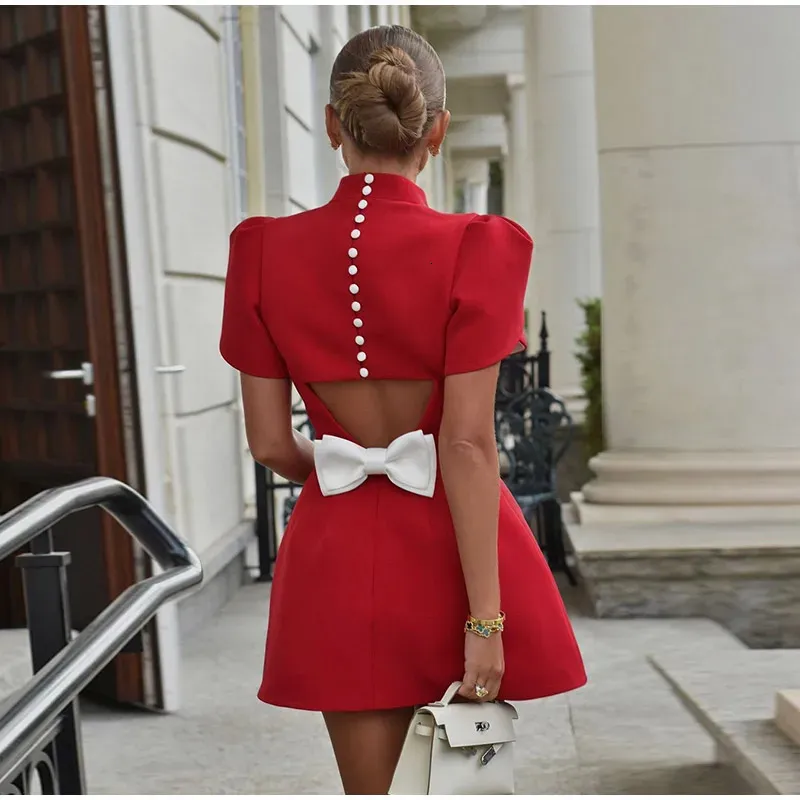 Elegant Red Back Bow Button Mini Peter Pan Collar ss for Women