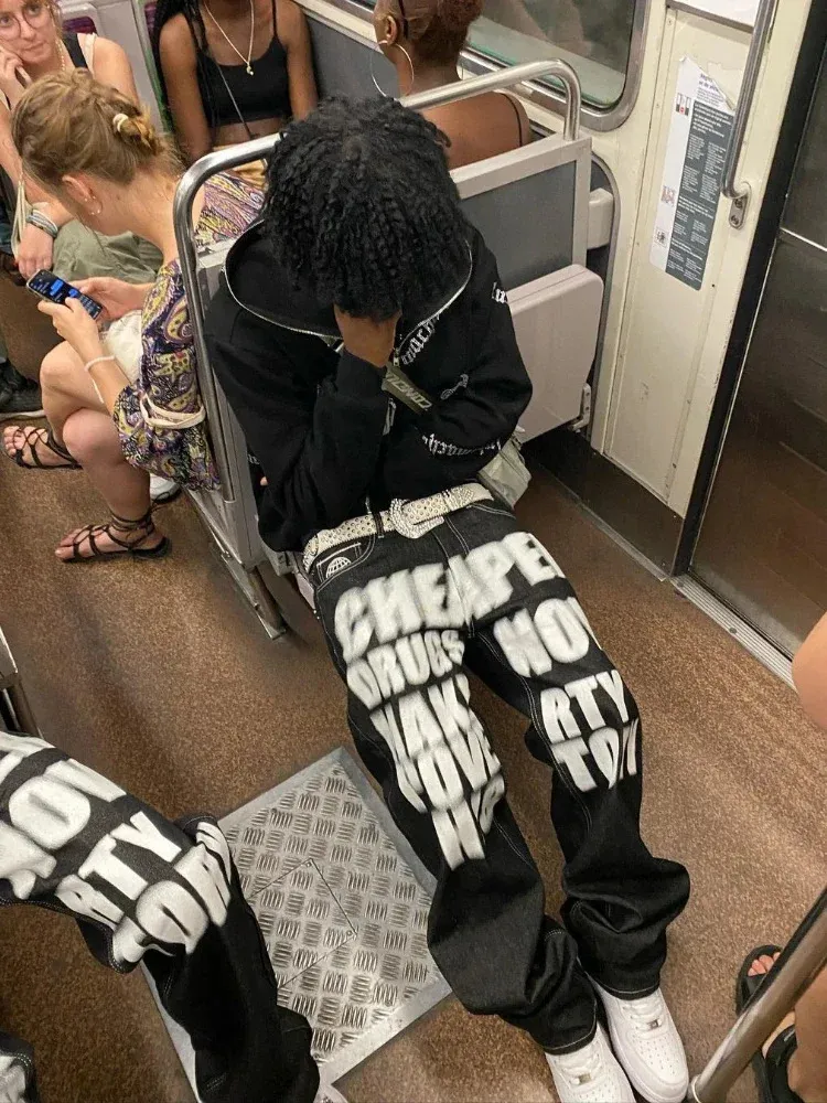 Y2k Jeans Hip Hop Letter Printed Black Pants Men From