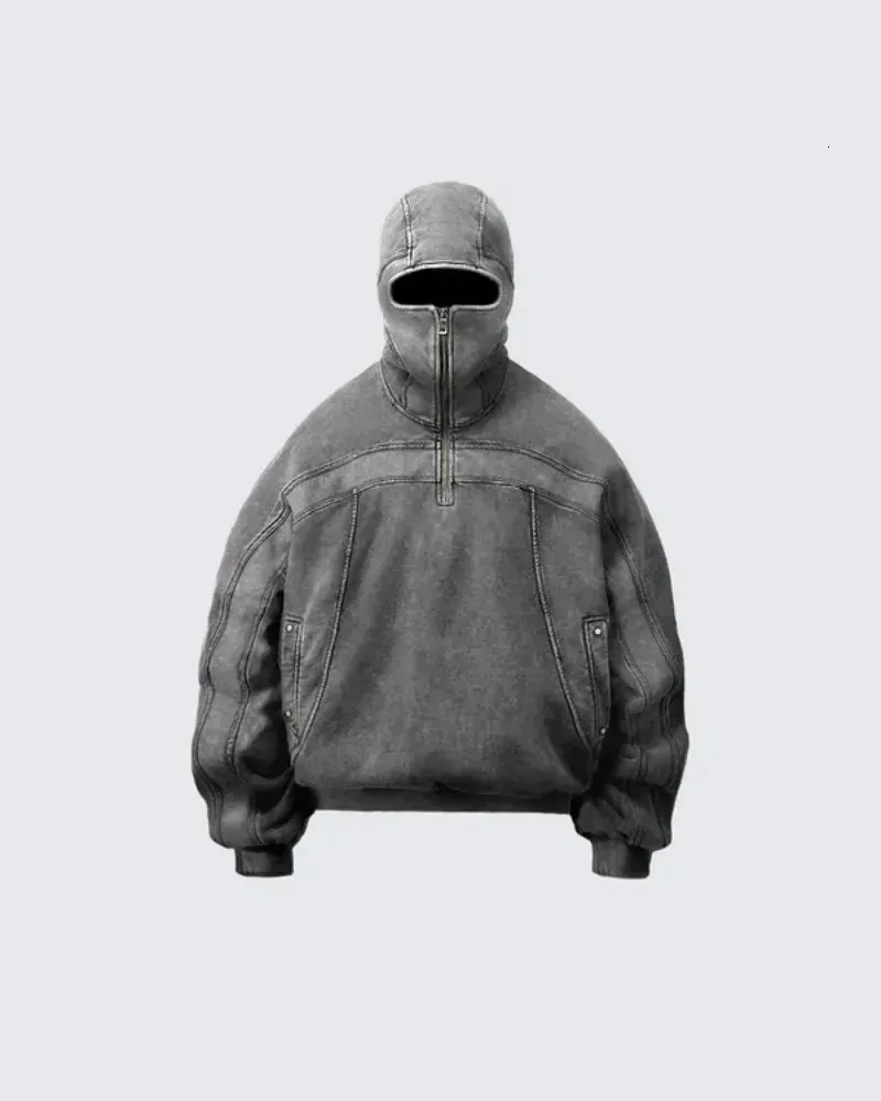 Classic Balaclava Hoodie Men Washed Gray Ninja Pullover Sweatshirt