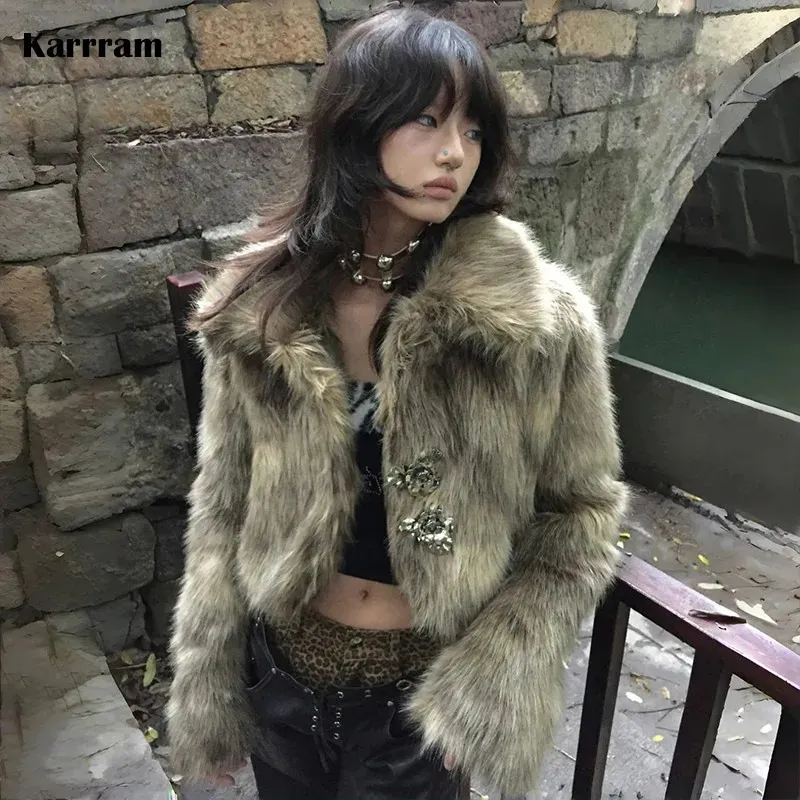 Y2k Style Faux Fur Coat, Retro Harajuku Jacket With Metal Flower