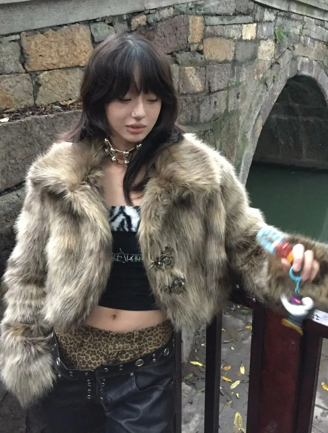 Y2k Style Faux Fur Coat, Retro Harajuku Jacket With Metal