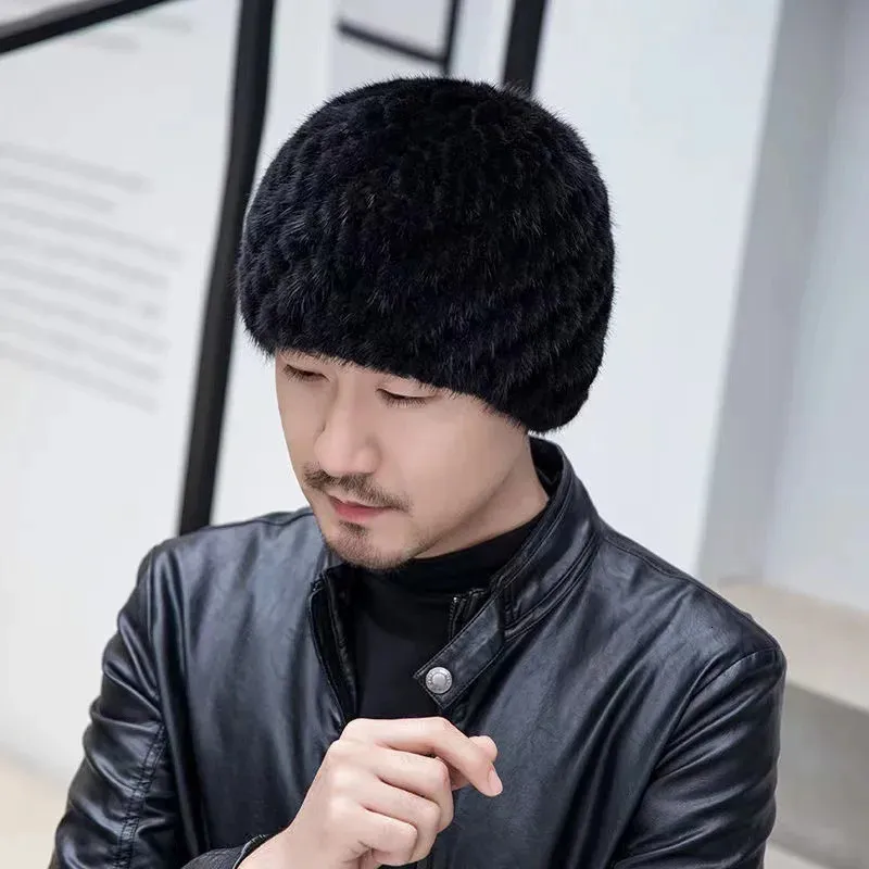 Winter Men Mink Fur Hats Natural Real Fur Knitted Cap  display picture 3