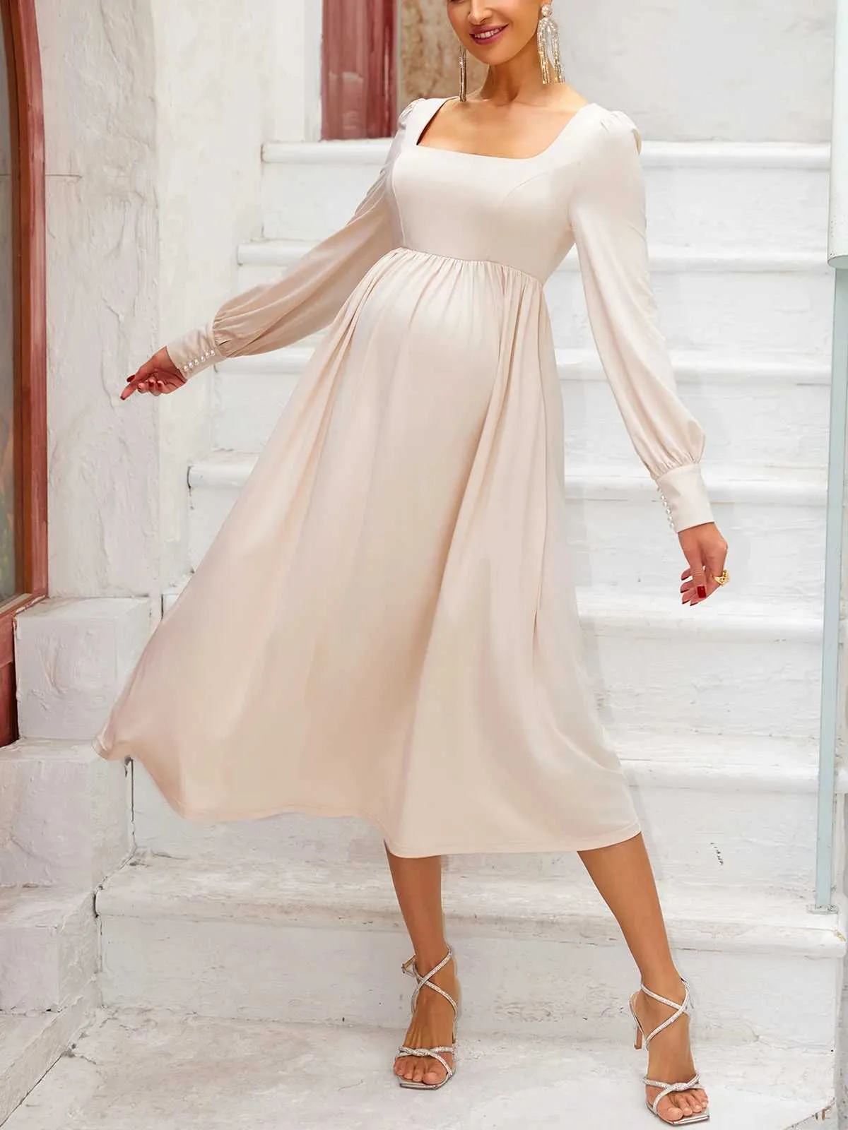 ItsRoya Solid Square Neck Pearl Long Sleeves Materni Dress Ruched Women  Photography Props Dresses Casual Pregnant DressesXJ241213 From  Happy_clothes_house, $10.08 | DHgate.Com