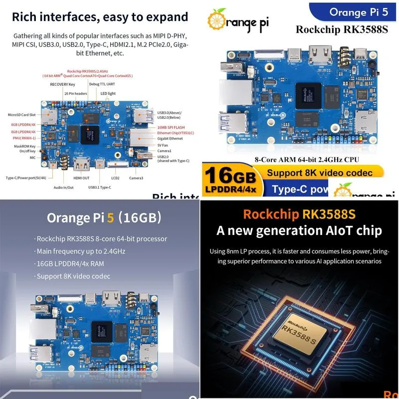 Other Computer Components Orange Pi 5 16Gb Ram Single Board Uter Rk3588S Pcie Mode External Wifiaddbt Ssd 8K Pi5 Development Run Andro Ot7Gm