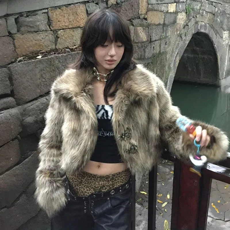 Y2k Style Faux Fur Coat, Retro Harajuku Jacket With Metal Flower